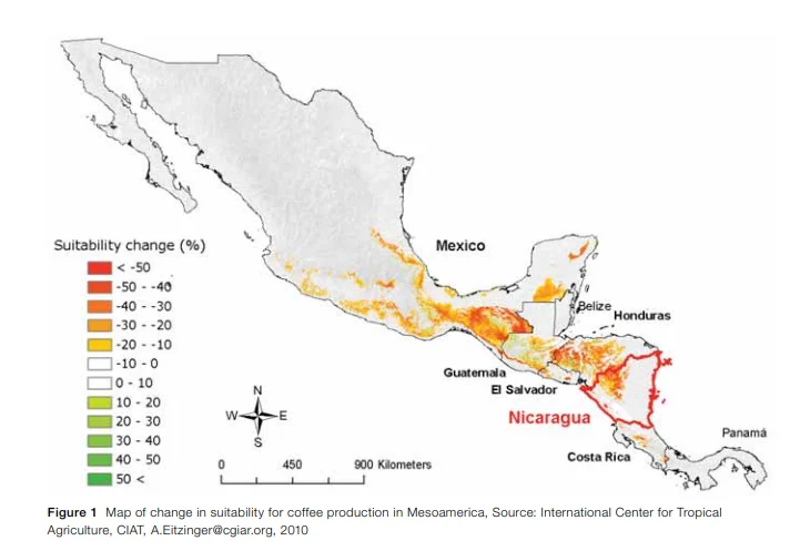 How Climate Change Is Threatening the Coffee Industry 7 Map of projected change in coffee-growing suitability across Central America and Mexico (CIAT)