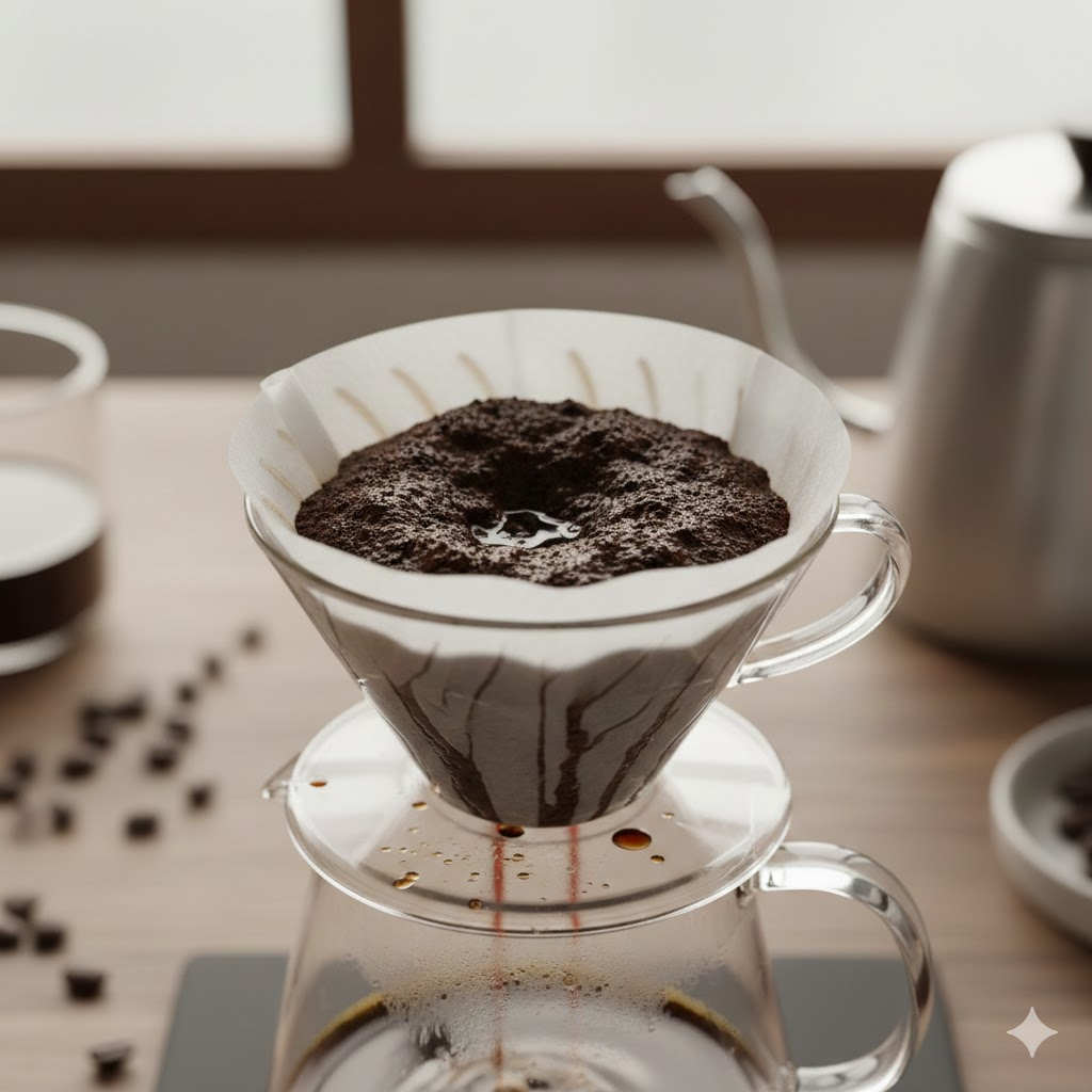V60 Coffee Bed Like Mud? Fix Poor Extraction & Taste 2 V60 coffee filter with a messy, muddy coffee bed after brewing, indicating uneven extraction.